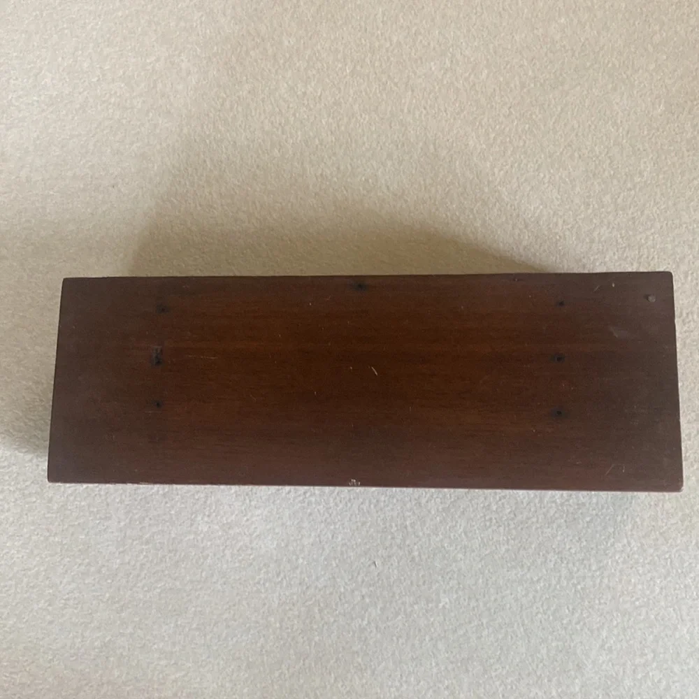 Vintage Art Deco look oak veneer wood display shelf with metal rings for hanging